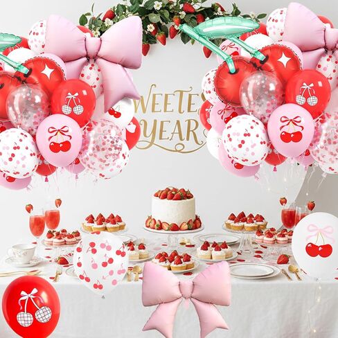 Cherry Balloons, 12 Inch Cherry Party Decorations Red Pink White Print Latex Balloons with Cherry Bow Foil Balloon for She is Cherry on Top Birthday Wedding Fruit Party Decorations in Saudi Arabia