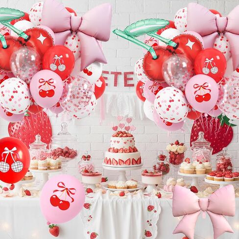 Cherry Balloons, 12 Inch Cherry Party Decorations Red Pink White Print Latex Balloons with Cherry Bow Foil Balloon for She is Cherry on Top Birthday Wedding Fruit Party Decorations in Saudi Arabia