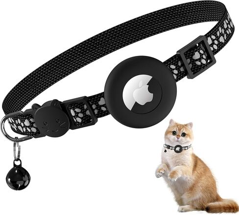 Meliya Airtag Cat Collar Breakaway with Bell, Adjustable Reflective Pet Kitten Collar with Apple Air Tag Holder Case for Girl Boy Cats (Footprints Black) in Saudi Arabia