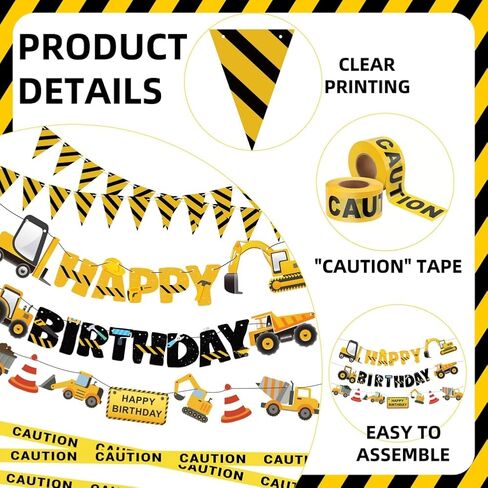 Construction Party Supplies Dump Truck Party Decorations Set with caution tape, construction pennant flags, Happy Birthday Banner, Vehicle Banner for Kids Birthday Party in Saudi Arabia