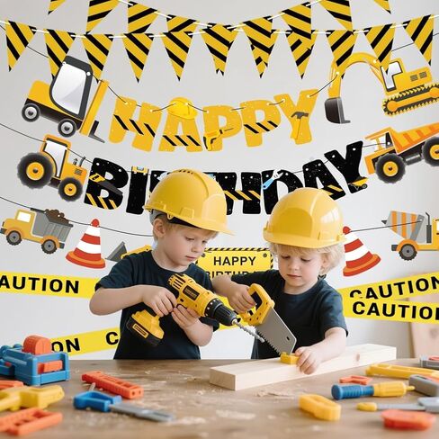 Construction Party Supplies Dump Truck Party Decorations Set with caution tape, construction pennant flags, Happy Birthday Banner, Vehicle Banner for Kids Birthday Party in Saudi Arabia