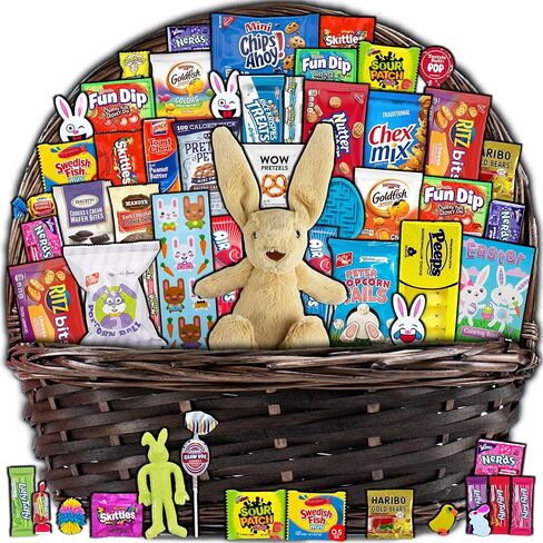 Blue Easter Basket for Kids and Adults (45ct) - Already Filled Easter Gift Basket with Plush Easter Bunny, Candy, Snacks, and Treats - Boys, Girls, Grandchildren, Young Children, Toddlers, Men, Women in Saudi Arabia