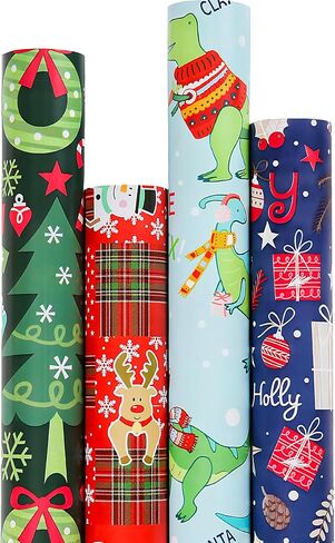 ورق تغليف عيد الميلاد 4 لفات من ورق تغليف الهدايا، بابا نويل المضحك، ديناصور لطيف، إكليل عيد الميلاد، شجرة، الرنة - مناسب لتغليف هدايا العطلات المختلفة - 30 بوصة × 120 بوصة لكل لفة in Kuwait