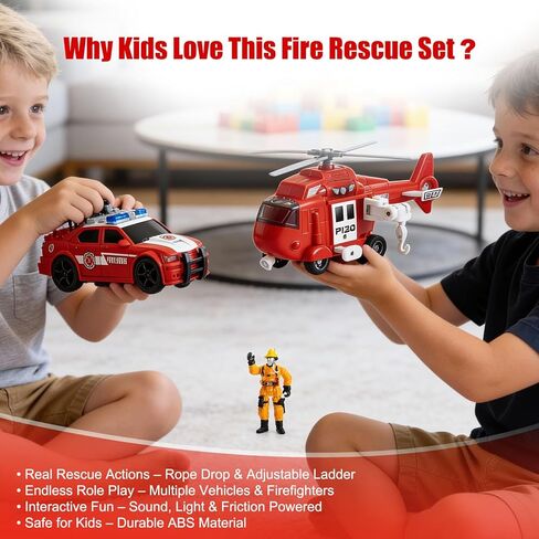 Friction Powered Fire Rescue Toy Set – 1:20 Scale Fire Truck, Helicopter & 2 Firefighter Action Figures with Lights & Sounds – Educational Emergency Vehicle Playset for Kids Ages 3+ in Saudi Arabia
