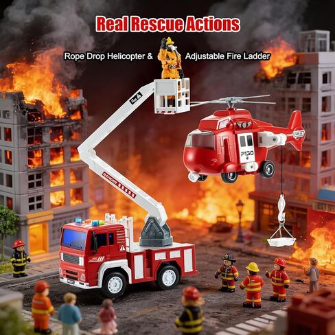 Friction Powered Fire Rescue Toy Set – 1:20 Scale Fire Truck, Helicopter & 2 Firefighter Action Figures with Lights & Sounds – Educational Emergency Vehicle Playset for Kids Ages 3+ in Saudi Arabia