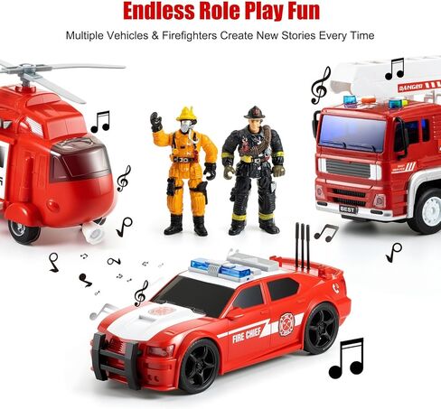 Friction Powered Fire Rescue Toy Set – 1:20 Scale Fire Truck, Helicopter & 2 Firefighter Action Figures with Lights & Sounds – Educational Emergency Vehicle Playset for Kids Ages 3+ in Saudi Arabia