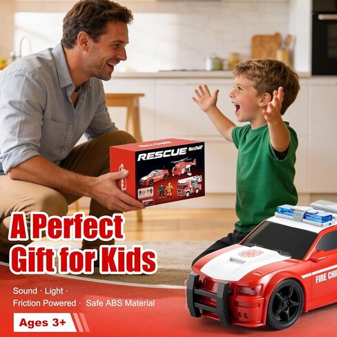 Friction Powered Fire Rescue Toy Set – 1:20 Scale Fire Truck, Helicopter & 2 Firefighter Action Figures with Lights & Sounds – Educational Emergency Vehicle Playset for Kids Ages 3+ in Saudi Arabia