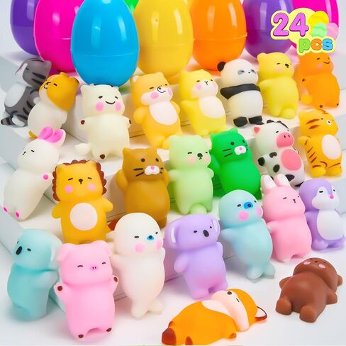 JOYIN 24 Pcs Easter Prefilled Eggs with Mochi Squishy Toys, Lovely Animal Stress Reliever Squishy Toy for Easter Theme Egg Hunt, Kids Party Favor, Basket Stuffers Filler, Classroom Prize Supplies in Saudi Arabia