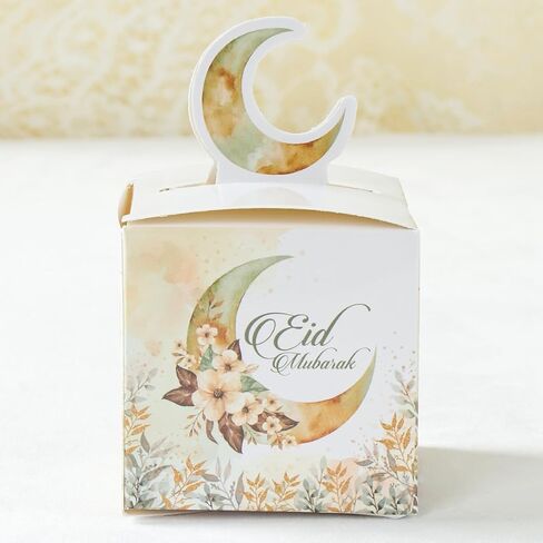 24 Pcs 3D Eid Mubarak Treat Boxes, Ramadan Kareem Watercolor Moon Flower Pattern Small Goodie Present Boxes with Moon Handle, Recycled Party Favour Decoration Supplies for Candy Cookies in Saudi Arabia