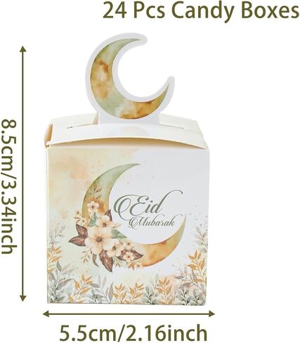 24 Pcs 3D Eid Mubarak Treat Boxes, Ramadan Kareem Watercolor Moon Flower Pattern Small Goodie Present Boxes with Moon Handle, Recycled Party Favour Decoration Supplies for Candy Cookies in Saudi Arabia