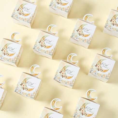 24 Pcs 3D Eid Mubarak Treat Boxes, Ramadan Kareem Watercolor Moon Flower Pattern Small Goodie Present Boxes with Moon Handle, Recycled Party Favour Decoration Supplies for Candy Cookies in Saudi Arabia