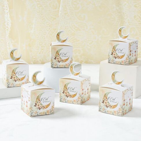 24 Pcs 3D Eid Mubarak Treat Boxes, Ramadan Kareem Watercolor Moon Flower Pattern Small Goodie Present Boxes with Moon Handle, Recycled Party Favour Decoration Supplies for Candy Cookies in Saudi Arabia