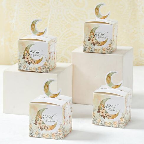 24 Pcs 3D Eid Mubarak Treat Boxes, Ramadan Kareem Watercolor Moon Flower Pattern Small Goodie Present Boxes with Moon Handle, Recycled Party Favour Decoration Supplies for Candy Cookies in Saudi Arabia