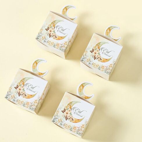 24 Pcs 3D Eid Mubarak Treat Boxes, Ramadan Kareem Watercolor Moon Flower Pattern Small Goodie Present Boxes with Moon Handle, Recycled Party Favour Decoration Supplies for Candy Cookies in Saudi Arabia