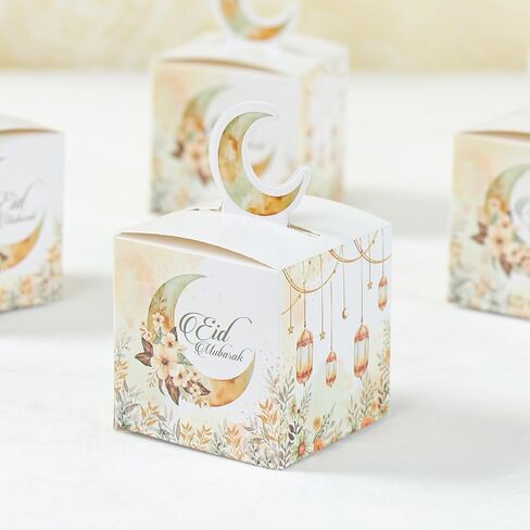 24 Pcs 3D Eid Mubarak Treat Boxes, Ramadan Kareem Watercolor Moon Flower Pattern Small Goodie Present Boxes with Moon Handle, Recycled Party Favour Decoration Supplies for Candy Cookies in Saudi Arabia