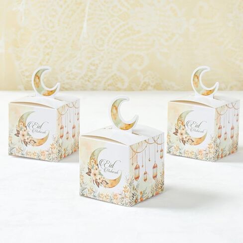 24 Pcs 3D Eid Mubarak Treat Boxes, Ramadan Kareem Watercolor Moon Flower Pattern Small Goodie Present Boxes with Moon Handle, Recycled Party Favour Decoration Supplies for Candy Cookies in Saudi Arabia