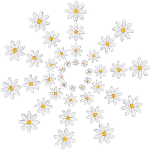 40 Pcs Daisy Flower Iron On Patches, 4 Sizes Embroidered Appliques with Heat-Activated Backing, Floral Sewing Patches for DIY Clothing Decoration, Jackets, Bags and Craft Projects in Saudi Arabia