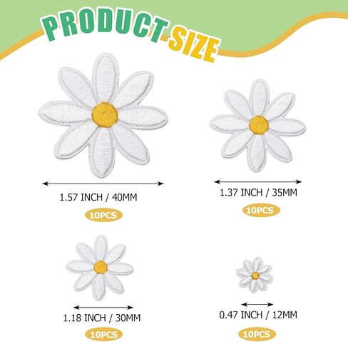 40 Pcs Daisy Flower Iron On Patches, 4 Sizes Embroidered Appliques with Heat-Activated Backing, Floral Sewing Patches for DIY Clothing Decoration, Jackets, Bags and Craft Projects in Saudi Arabia