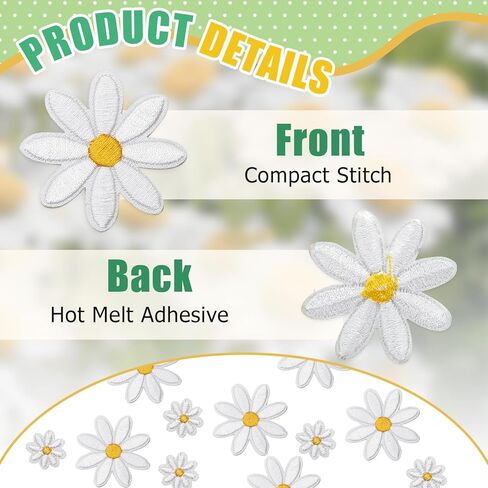 40 Pcs Daisy Flower Iron On Patches, 4 Sizes Embroidered Appliques with Heat-Activated Backing, Floral Sewing Patches for DIY Clothing Decoration, Jackets, Bags and Craft Projects in Saudi Arabia