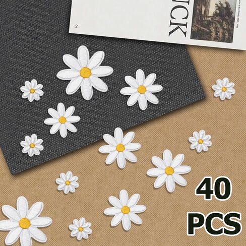 40 Pcs Daisy Flower Iron On Patches, 4 Sizes Embroidered Appliques with Heat-Activated Backing, Floral Sewing Patches for DIY Clothing Decoration, Jackets, Bags and Craft Projects in Saudi Arabia