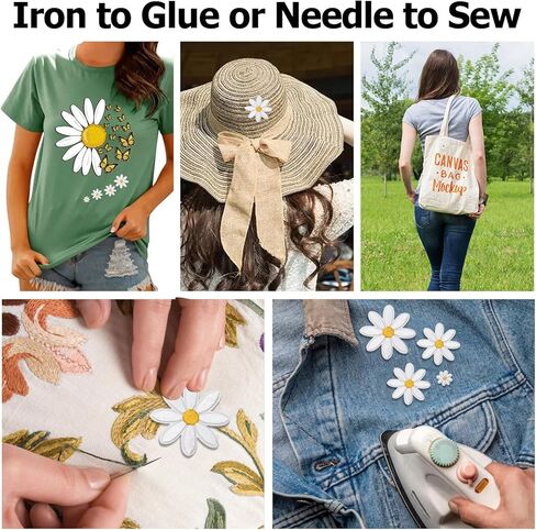 40 Pcs Daisy Flower Iron On Patches, 4 Sizes Embroidered Appliques with Heat-Activated Backing, Floral Sewing Patches for DIY Clothing Decoration, Jackets, Bags and Craft Projects in Saudi Arabia