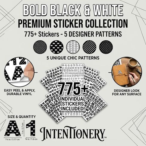 Bold Black & White Alphabet Stickers – 775+ Vinyl Letter & Number Stickers, Water-Resistant, 1 Inch Tall, Block Font with 5 Patterns in Saudi Arabia