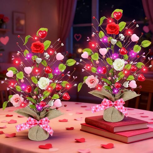 Valentines Day Decor, 2 Pack Prelit Tabletop Lighted Birch Tree with 24 LED Red Pink Lights 12 Heart Ornaments Battery Operated Light Up Artificial Tree Valentine's Day Decorations Home Party Wedding in Saudi Arabia