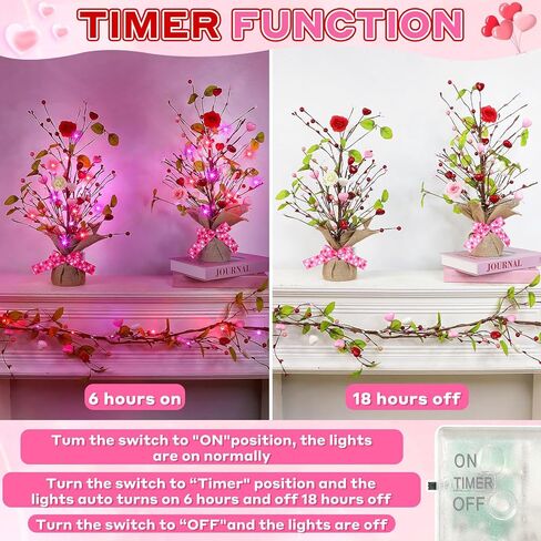 Valentines Day Decor, 2 Pack Prelit Tabletop Lighted Birch Tree with 24 LED Red Pink Lights 12 Heart Ornaments Battery Operated Light Up Artificial Tree Valentine's Day Decorations Home Party Wedding in Saudi Arabia