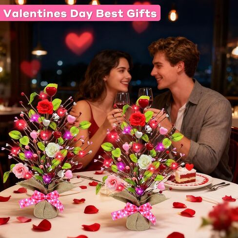 Valentines Day Decor, 2 Pack Prelit Tabletop Lighted Birch Tree with 24 LED Red Pink Lights 12 Heart Ornaments Battery Operated Light Up Artificial Tree Valentine's Day Decorations Home Party Wedding in Saudi Arabia