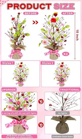 Valentines Day Decor, 2 Pack Prelit Tabletop Lighted Birch Tree with 24 LED Red Pink Lights 12 Heart Ornaments Battery Operated Light Up Artificial Tree Valentine's Day Decorations Home Party Wedding in Saudi Arabia