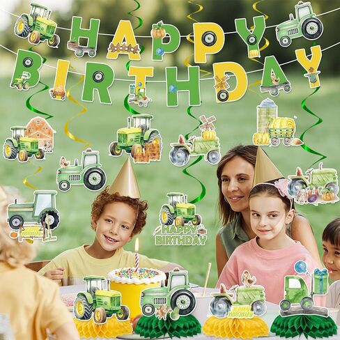 Tractor Birthday Party Decorations Include Tractor Happy Birthday Banners Hanging Swirls Honeycomb Centerpiece Tractor Farm Theme Supplies for Boys in Saudi Arabia