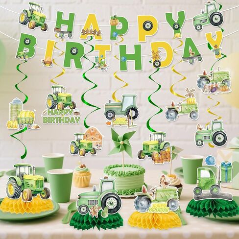 Tractor Birthday Party Decorations Include Tractor Happy Birthday Banners Hanging Swirls Honeycomb Centerpiece Tractor Farm Theme Supplies for Boys in Saudi Arabia