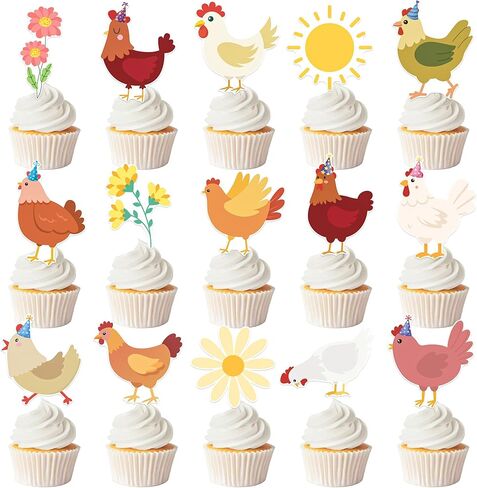 Chicken Cupcake Toppers Floral Daisy Chicken Birthday Decorations Hen and Flower Party Cupcake Picks 24Pcs Little Chick Cake Decorations for Farm Animals Barnyard Baby Shower Supplies in Saudi Arabia