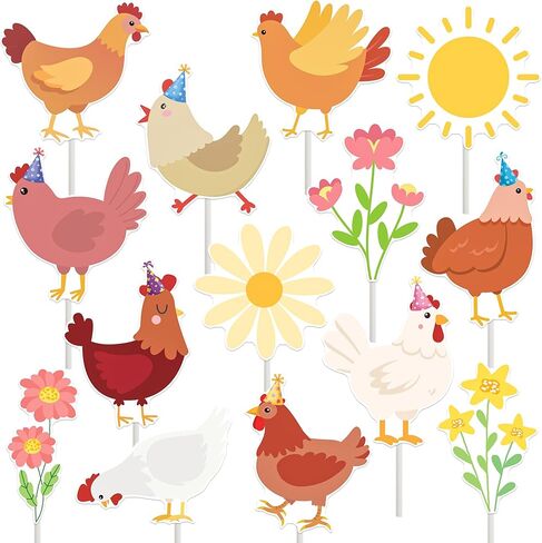 Chicken Cupcake Toppers Floral Daisy Chicken Birthday Decorations Hen and Flower Party Cupcake Picks 24Pcs Little Chick Cake Decorations for Farm Animals Barnyard Baby Shower Supplies in Saudi Arabia