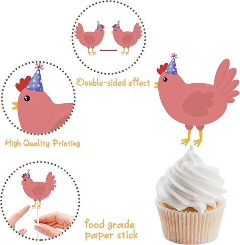 Chicken Cupcake Toppers Floral Daisy Chicken Birthday Decorations Hen and Flower Party Cupcake Picks 24Pcs Little Chick Cake Decorations for Farm Animals Barnyard Baby Shower Supplies in Saudi Arabia
