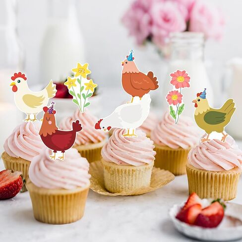Chicken Cupcake Toppers Floral Daisy Chicken Birthday Decorations Hen and Flower Party Cupcake Picks 24Pcs Little Chick Cake Decorations for Farm Animals Barnyard Baby Shower Supplies in Saudi Arabia