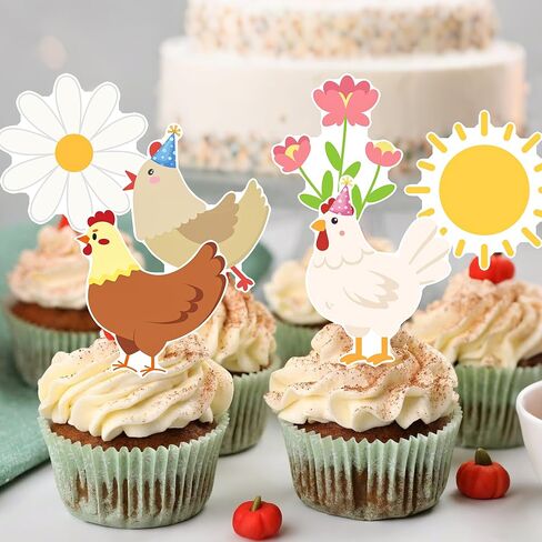 Chicken Cupcake Toppers Floral Daisy Chicken Birthday Decorations Hen and Flower Party Cupcake Picks 24Pcs Little Chick Cake Decorations for Farm Animals Barnyard Baby Shower Supplies in Saudi Arabia