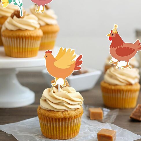 Chicken Cupcake Toppers Floral Daisy Chicken Birthday Decorations Hen and Flower Party Cupcake Picks 24Pcs Little Chick Cake Decorations for Farm Animals Barnyard Baby Shower Supplies in Saudi Arabia