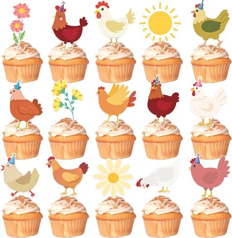 Chicken Cupcake Toppers Floral Daisy Chicken Birthday Decorations Hen and Flower Party Cupcake Picks 24Pcs Little Chick Cake Decorations for Farm Animals Barnyard Baby Shower Supplies in Saudi Arabia