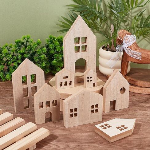 OLYCRAFT 8 قطع مكعبات منزل خشبية فارغة غير مكتملة، مكعبات حرفية MDF، مجموعة حرفية للمنازل الخشبية، قطع ديكور لطلاء المنزل والمطبخ والمكتب وديكور بار القهوة in Saudi Arabia