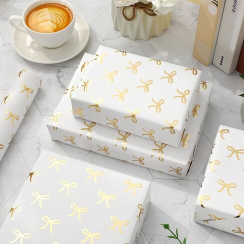 JarThenaAMCS Gold Foil Bow Wrapping Paper -Mini Roll- 17In x 32.8Ft White Gold Bowknot Gift Wrap Paper Cute Craft Paper for Party Packing Supplies in Saudi Arabia