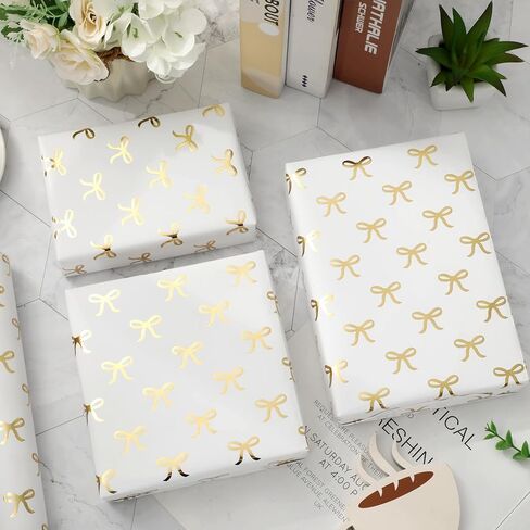 JarThenaAMCS Gold Foil Bow Wrapping Paper -Mini Roll- 17In x 32.8Ft White Gold Bowknot Gift Wrap Paper Cute Craft Paper for Party Packing Supplies in Saudi Arabia
