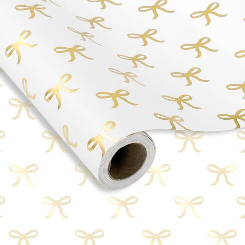 JarThenaAMCS Gold Foil Bow Wrapping Paper -Mini Roll- 17In x 32.8Ft White Gold Bowknot Gift Wrap Paper Cute Craft Paper for Party Packing Supplies in Saudi Arabia