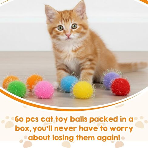 120Pcs Cat Pom Pom Balls, 1.6 inches Assorted Color Flash Ball Fuzzy Sparkle Balls, Interactive Cat Toys for Kitten Play Exercise and Entertainment in Saudi Arabia