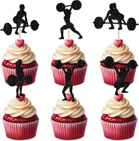 Weightlifting Women Cupcake Topper for Weight Lifting Toned Muscle Theme Party Favors Decorations Fitness Enthusiast Birthday Party Decor Supplies set 18pcs Black Glitter Silhouette in Saudi Arabia