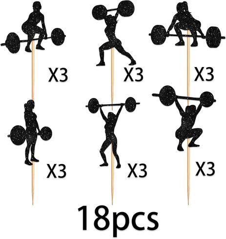 Weightlifting Women Cupcake Topper for Weight Lifting Toned Muscle Theme Party Favors Decorations Fitness Enthusiast Birthday Party Decor Supplies set 18pcs Black Glitter Silhouette in Saudi Arabia