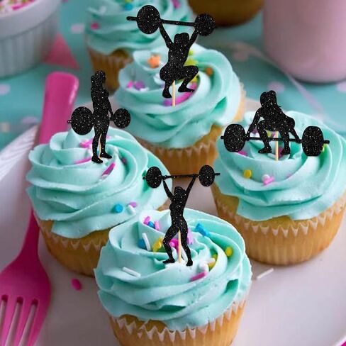 Weightlifting Women Cupcake Topper for Weight Lifting Toned Muscle Theme Party Favors Decorations Fitness Enthusiast Birthday Party Decor Supplies set 18pcs Black Glitter Silhouette in Saudi Arabia