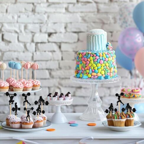 Weightlifting Women Cupcake Topper for Weight Lifting Toned Muscle Theme Party Favors Decorations Fitness Enthusiast Birthday Party Decor Supplies set 18pcs Black Glitter Silhouette in Saudi Arabia