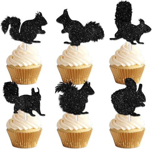 18pcs Black Silhouette Glitter Squirrel Dessert Cupcake Topper Pick for Forest Animal Theme Decor Supplies Baby Shower Boys Girls Happy Birthday Party Decorations in Saudi Arabia
