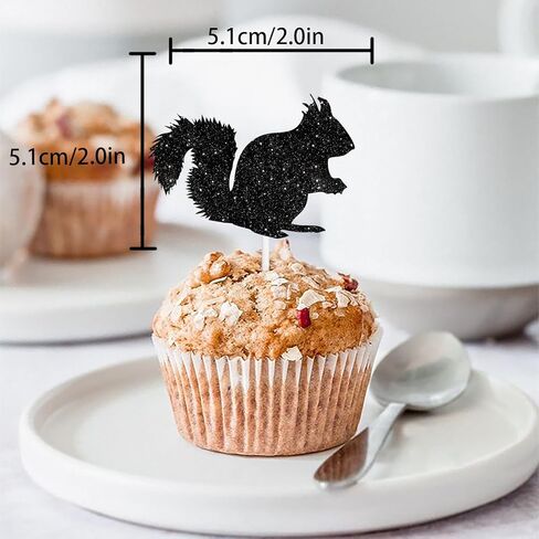18pcs Black Silhouette Glitter Squirrel Dessert Cupcake Topper Pick for Forest Animal Theme Decor Supplies Baby Shower Boys Girls Happy Birthday Party Decorations in Saudi Arabia